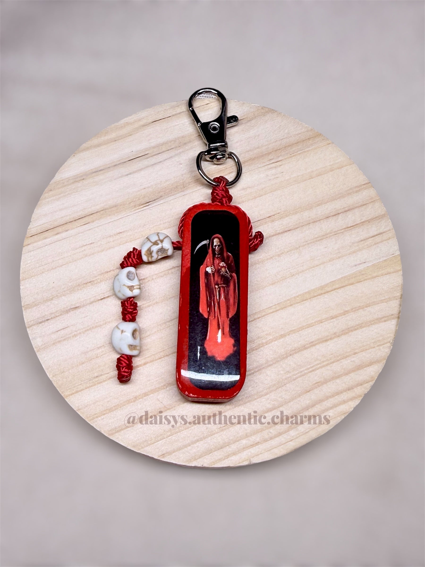 Wooden Red Santa Muerte Keychain